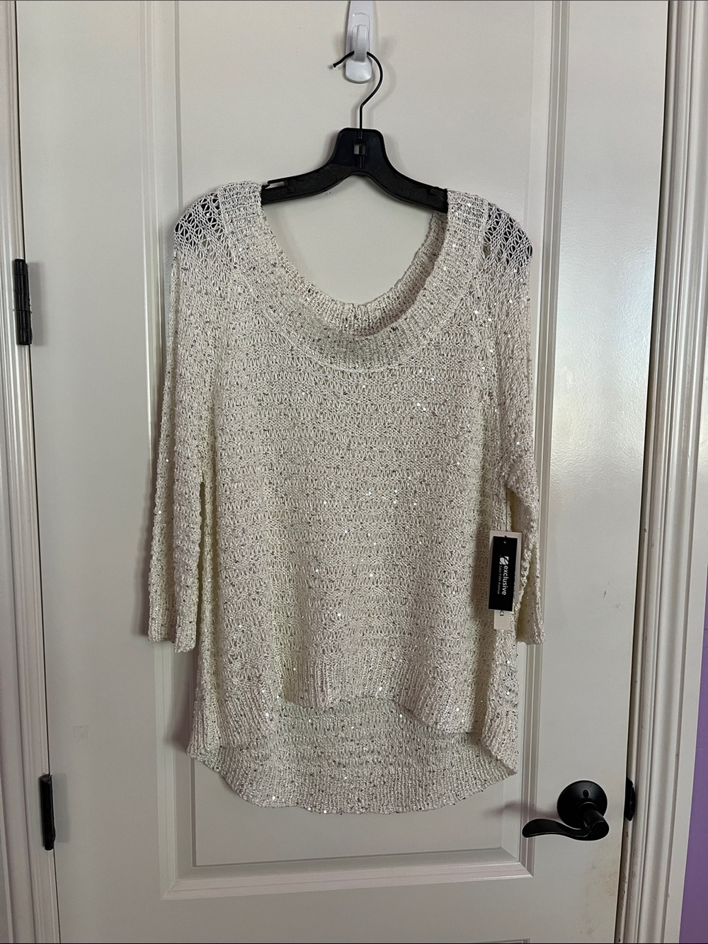 NWT Robbi & Nikki Ivory Sequin Knit Tunic Sweater Hi Low Hem Size L